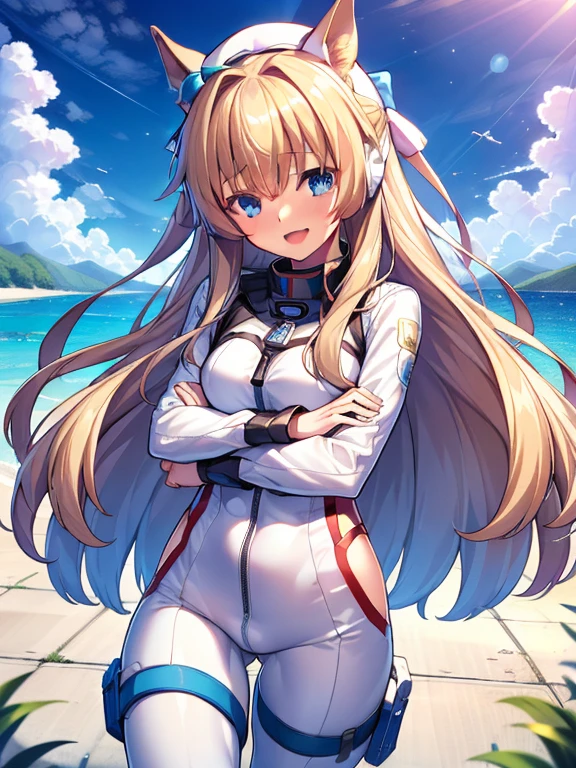 ((masterpiece))、highest quality、(Whole body wide angle)、Neo Universe(Umamusume)、1 girl, Neo Universe(Umamusume)、alone, chest, looking at the viewer, blush, smile, long hair, bangs, large chest, blonde long hair, long sleeve, blue eyes, headphone,beret,:d, body suit, bSpace, white body suit, blue sky,Ocean,summer,Wind:1.3,, Space Suit Break 