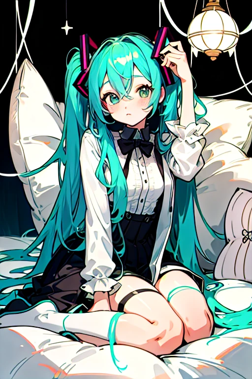 anime girl sitting on a bed with a pillow and a pillow, perfect lineart, thick black lineart, portrait of hatsune miku, hatsune miku portrait, in dress, extremely fine ink lineart, clean lineart, thick lineart, beautiful line art, hatsune miku, , line art!!, black and white manga style