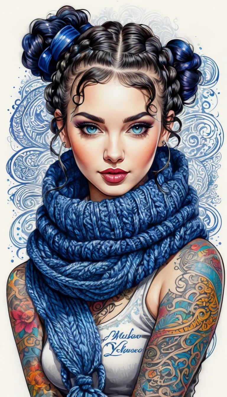 Over Detailed Calligraphic Ink Lettering, Portrait Of Cutie lustful lady in knitted outfit, scarf, Sapphire-curls pigtails different lengths, concept in a mixed Ink tattoo sketch technique with a colored and bright elements, lots of printed words and patterns, Calligraphy lettering in different colors, volume due to shadows.