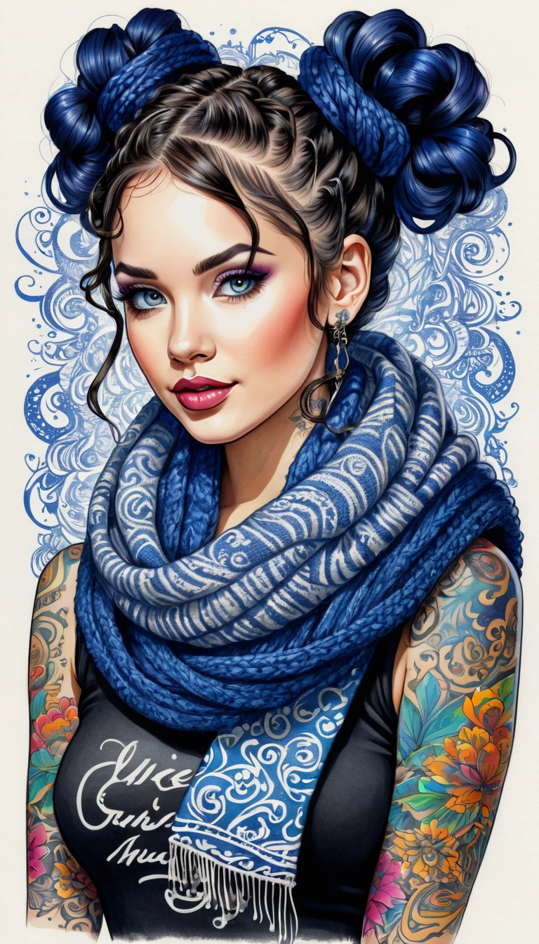 Over Detailed Calligraphic Ink Lettering, Portrait Of Cutie lustful lady in knitted outfit, scarf, Sapphire-curls pigtails different lengths, concept in a mixed Ink tattoo sketch technique with a colored and bright elements, lots of printed words and patterns, Calligraphy lettering in different colors, volume due to shadows.