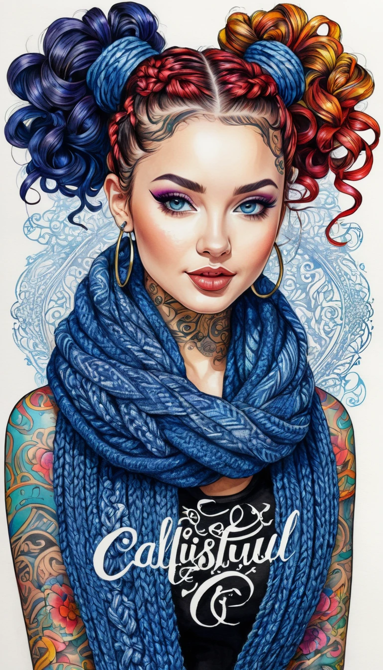 Over Detailed Calligraphic Ink Lettering, Portrait Of Cutie lustful lady in knitted outfit, scarf, Sapphire-curls pigtails different lengths, concept in a mixed Ink tattoo sketch technique with a colored and bright elements, lots of printed words and patterns, Calligraphy lettering in different colors, volume due to shadows.