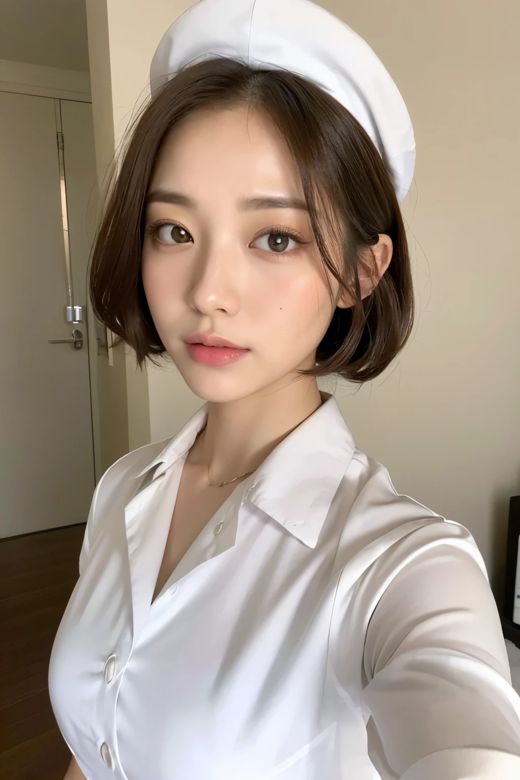 (Best quality, 8k, 32k, Masterpiece, UHD:1.2),Photo of Pretty Japanese woman, 1girl, (medium-short dark brown hair), (large breasts), double eyelid, White nurse uniform, small white nurse (cap), white shirt, open shirt, hospital, patient's room, upper body, sexy
