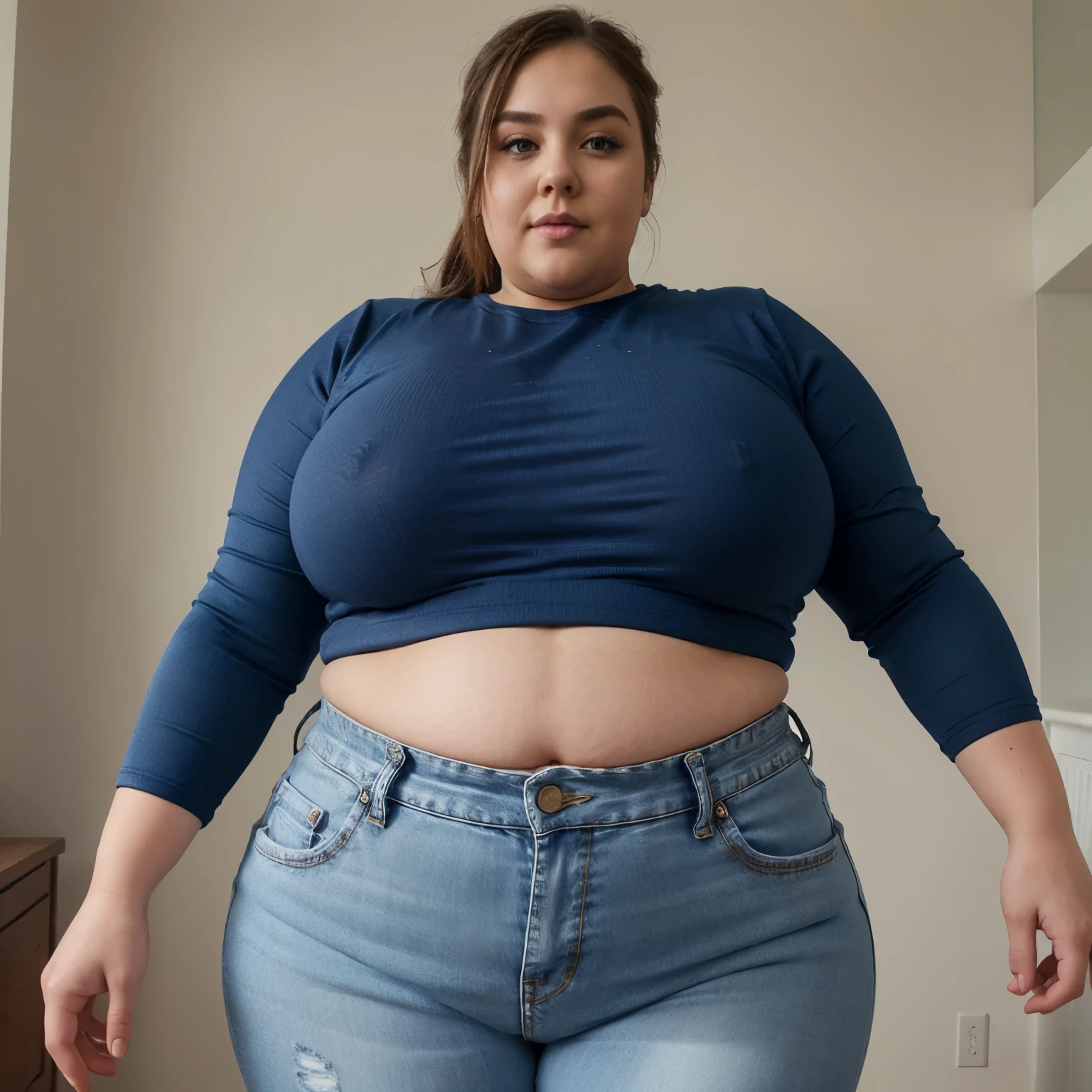 SSBBW with extremely fat belly wearing a cropped long sleeve t-shirt and high-waisted jeans with fat spilling over the waistband.