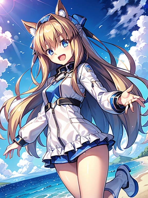 ((masterpiece))、highest quality、(Whole body wide angle)、Neo Universe(Umamusume)、1 girl, Neo Universe(Umamusume)、alone, chest, looking at the viewer, blush, smile, long hair, bangs, large chest, blonde long hair, long sleeve, blue eyes, headphone,beret,:d, body suit, bSpace, white body suit, blue sky,Ocean,summer,Wind:1.3,, Space Suit Break