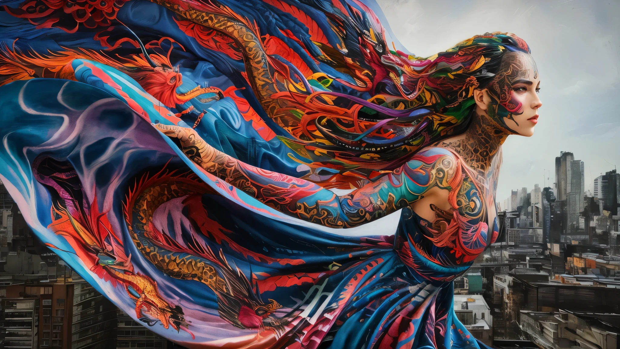 pintura de uma mulher com um vestido colorido e o horizonte da cidade, obra-prima colorida intrincada, obra-prima intrincada colorida, chinese silk 3d dragon, arte digital altamente detalhada, cores vibrantes hiper realismo, Tecido Fluente, arte de corpo inteiro, hiperrealismo colorido, arte de corpo inteiro altamente detalhada, arte corporal completa, arte detalhada, obras de arte deslumbrantes, tecido rodopiante, karol bak uhd