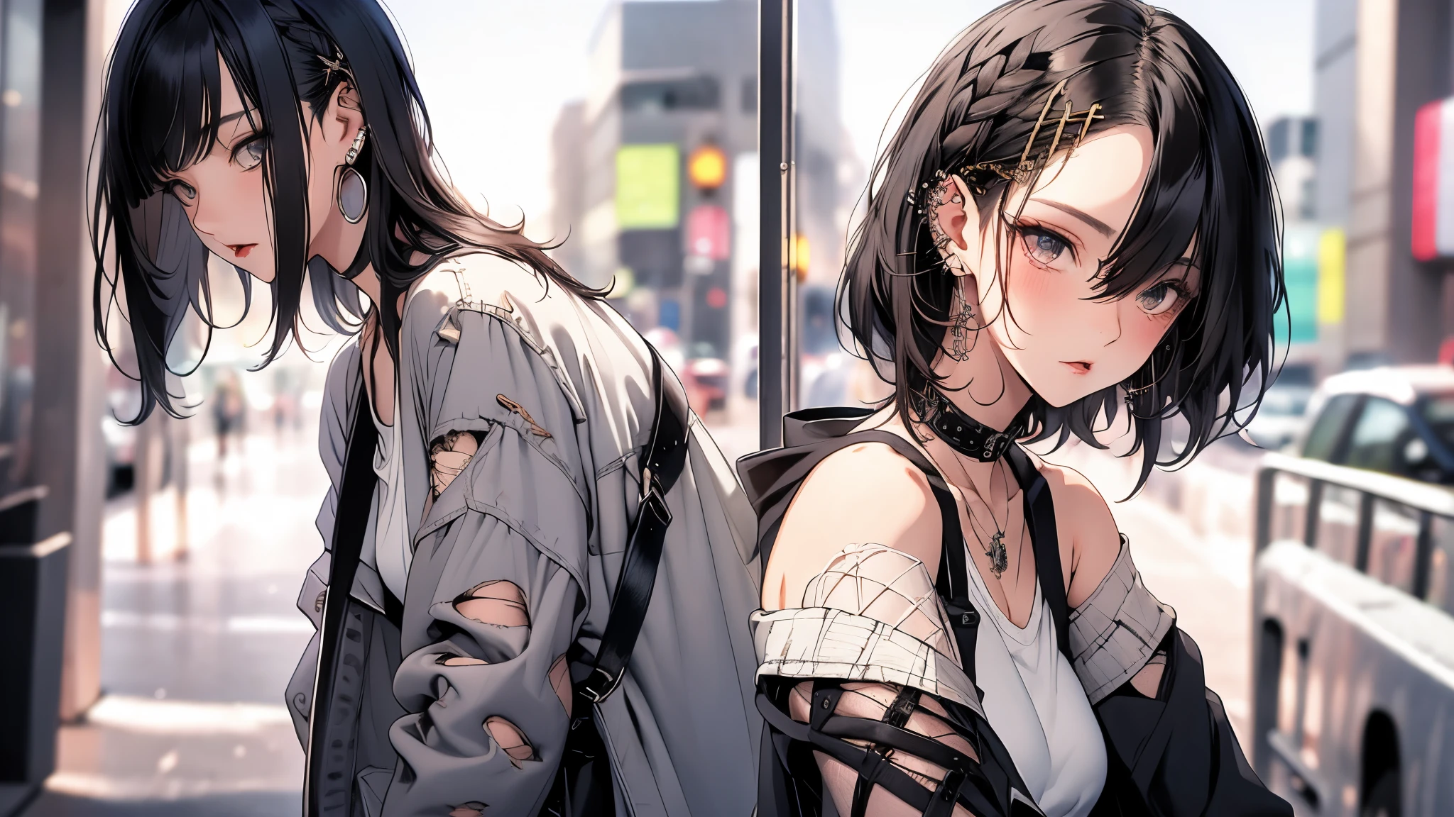 obra maestra, Mejor calidad, pixiv, Chica cool, muchos piercings, pendientes, Dark brown hair, Pelo RIZADO, flequillo contundente, flequillo recto, ojos grises, pale skin, gal, mejorar