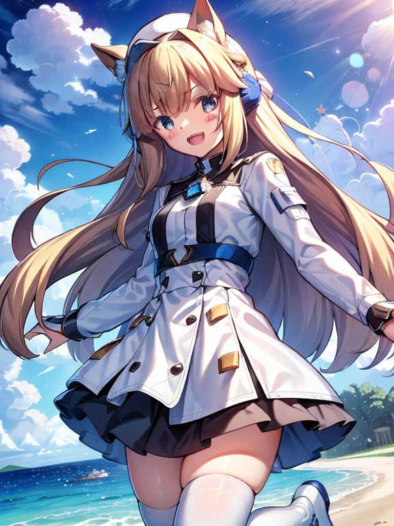 ((masterpiece))、highest quality、(Whole body wide angle)、Neo Universe(Umamusume)、1 girl, Neo Universe(Umamusume)、alone, chest, looking at the viewer, blush, smile, long hair, bangs, large chest, blonde long hair, long sleeve, blue eyes, headphone,beret,:d, body suit, bSpace, white body suit, blue sky,Ocean,summer,Wind:1.3,, Space Suit Break