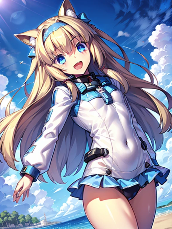 ((masterpiece))、highest quality、(Whole body wide angle)、Neo Universe(Umamusume)、1 girl, Neo Universe(Umamusume)、alone, chest, looking at the viewer, blush, smile, long hair, bangs, large chest, blonde long hair, long sleeve, blue eyes, headphone,beret,:d, body suit, bSpace, white body suit, blue sky,Ocean,summer,Wind:1.3,, Space Suit Break