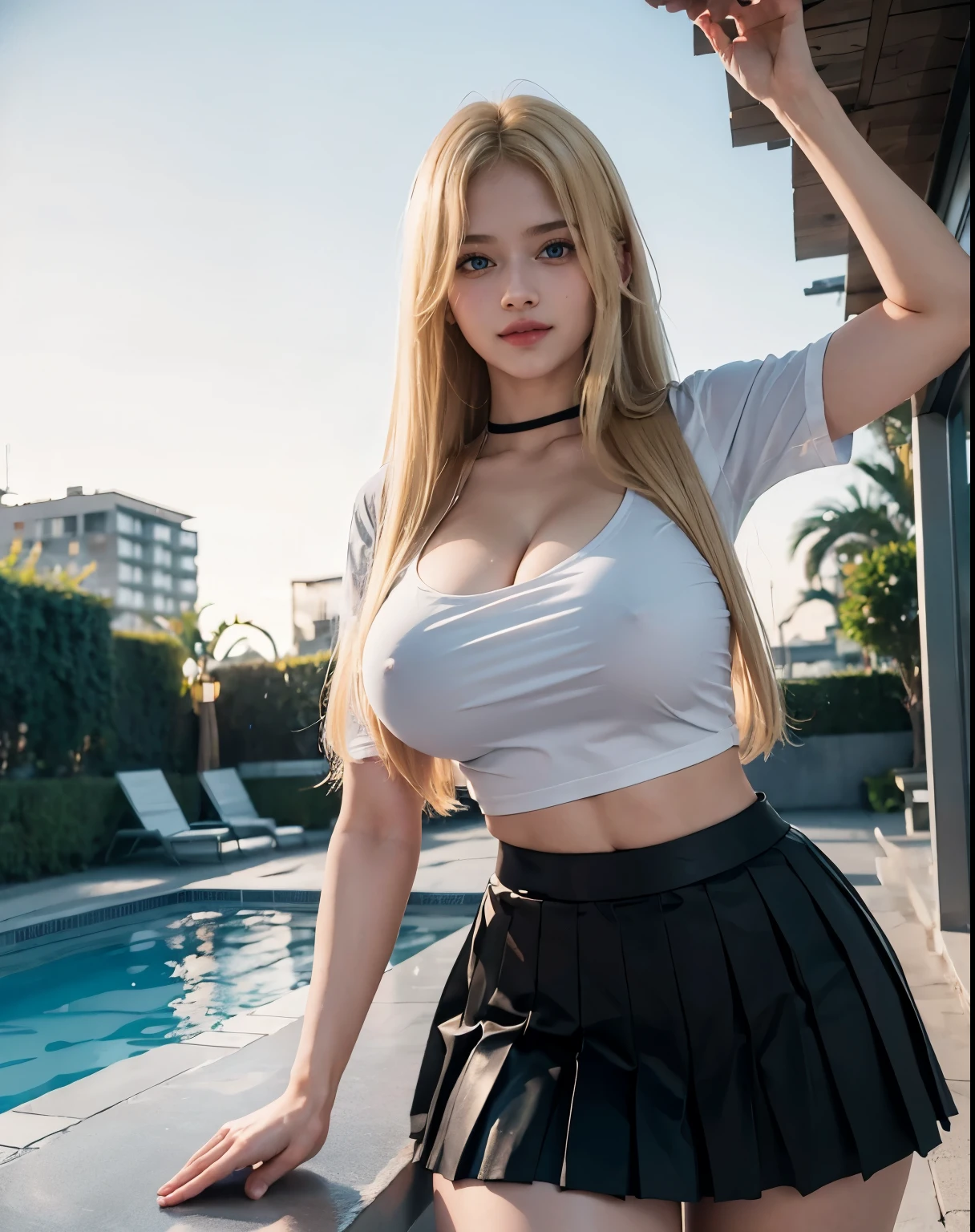 1girl, (Blue eyes), (smiling :1.2), (Sana Minatozaki), wide hips, Big tits, big ass, ((toned legs :1.1)), ((very thick and toned thighs :1.1)), (Best Quality, 8k, Masterpiece: 1.3), Clear Focus: 1.2, Perfect Body Beauty: 1.4, Highly detailed face and skin texture, detailed eyes, double eyelids, (blonde long straight hair :1.3), (white cleavage t-shirt), (black pleated skirt :1.2), standing, dynamic pose, (view from below :1.3), in a patio with grass and pool