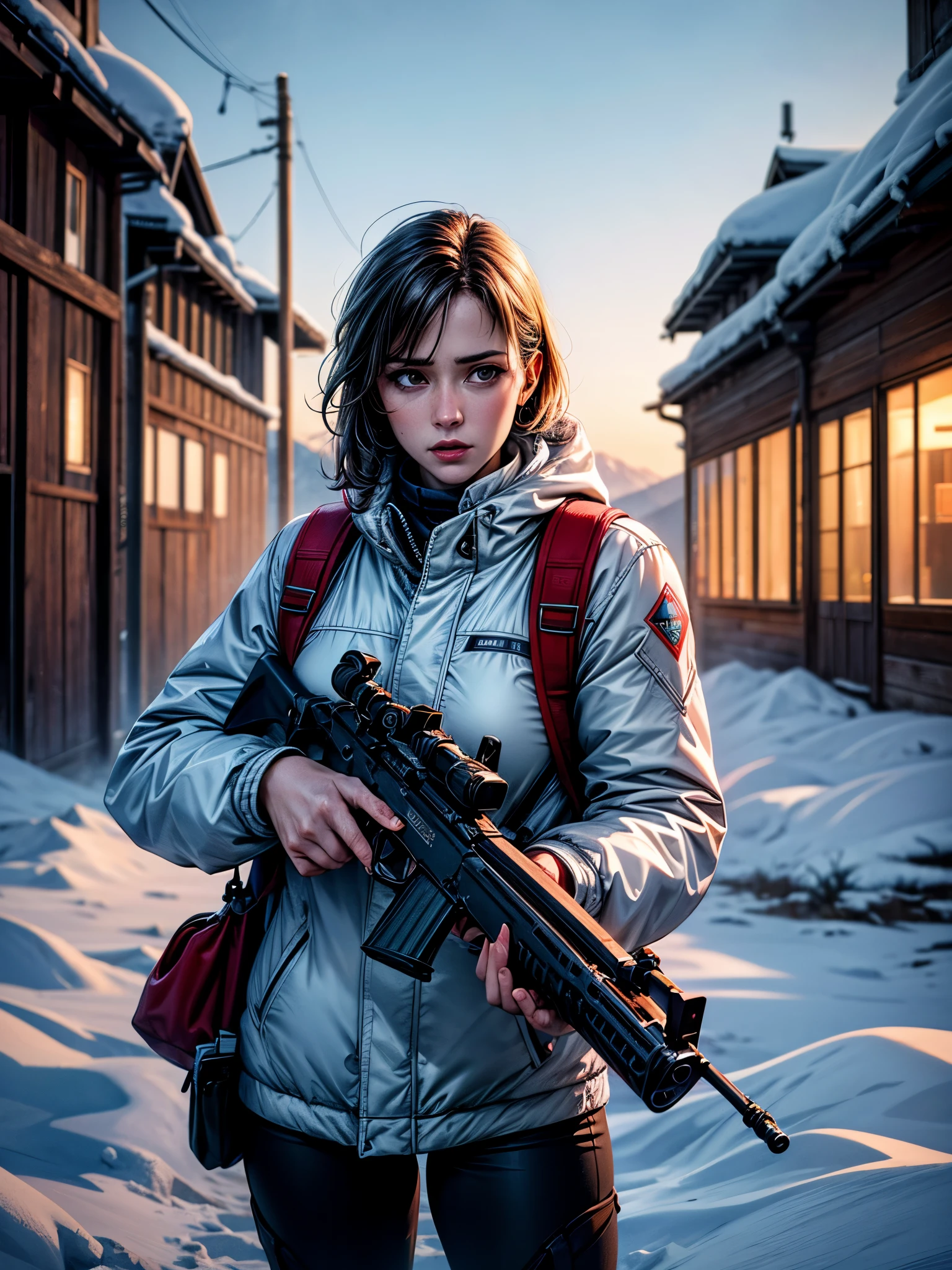 16 K, awardwinning, hight resolution, high details, Super Detail, Anatomically correct, Textured skin, Best Quality, (8K, Raw photo, Best Quality, masutepiece:1.2), (Realistic, Photorealsitic:1.4), snow mountains, Hunting, Cinematic lighting, (1female people:1.3), (Hunter aiming with a rifle:1.1), Look at the scope of the gun and aim, White Eskimo Jacket, Falling snow, Fuji Film,