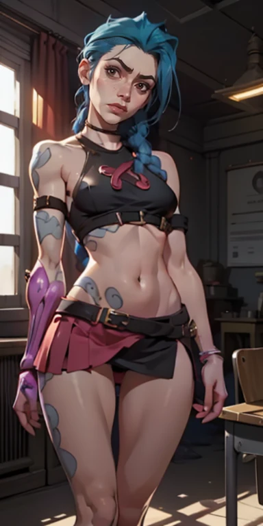 Super realistic and detailed sexy Jinx, NSFW, Muy detallado, expresiones faciales sexys, Expresiones faciales seductoras, [:(detalle de la cara: 1.4): 0.4], 16K resolution, 4K resolution, dynamic lighting, High definition resolution, (pose sexy, Attractive position), (Hyper realistic: 1.4), (luz de fondo: 1.2), (luz de sol: 1), (altura completa: 1.8),(fondo contrastante: 1.5), (Hyperrealistic arm anatomy.), (Hyperrealistic leg anatomy.), (piel limpia), (cinematic lighting: 1.7), (demandado), (NVIDIA RTX Ray Tracing Technology), (Hyperrealistic arm anatomy.: 2), (Vientre plano perfecto), (imagen en color), Crear una obra en 4K resolution, Ultrarrealista y extremadamente detallado con Jinx con un estilo provocativo. Jinx es el personaje central de la obra, conocida por su carisma cautivador y apariencia audaz. She is standing in a typical classroom setting.., rodeado de escritorios y pizarras.

Jinx tiene una apariencia llamativa. Tiene una silueta atractiva y un enorme escote, avec des courbes provocantes qui mettent en avant son charme naturel. Son maquillage est audacieux, con labios rojos brillantes y ojos penetrantes. You can see lingerie

She is dressed in a provocative outfit that does not go unnoticed. Su blusa es ligeramente escotada y entallada., resaltando su silueta de manera sugerente. She wears a short skirt that accentuates her shapely legs., y tacones altos que le dan un andar seguro. Sus joyas son llamativas., adding a touch of glamour to your appearance.