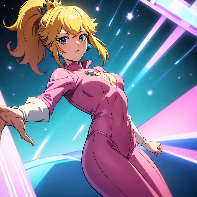 ((best quality)), ((masterpiece)), (perfect hands). (detailed), perfect face, expressive eyes, princess peach hair in ponytail, wearing bodysuit with chest cutout, dynamic pose, flirty pose