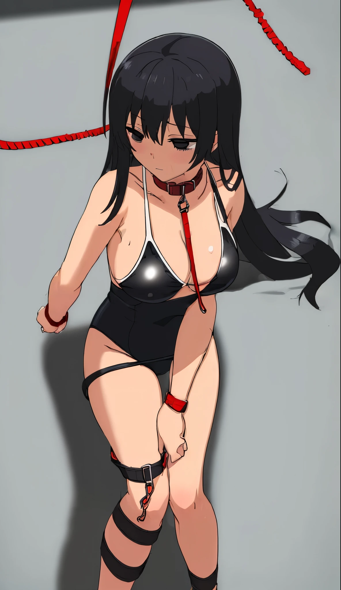 ((collar,leash,tied up,bondage,)),black hair,black eyes,((school swimsuit))