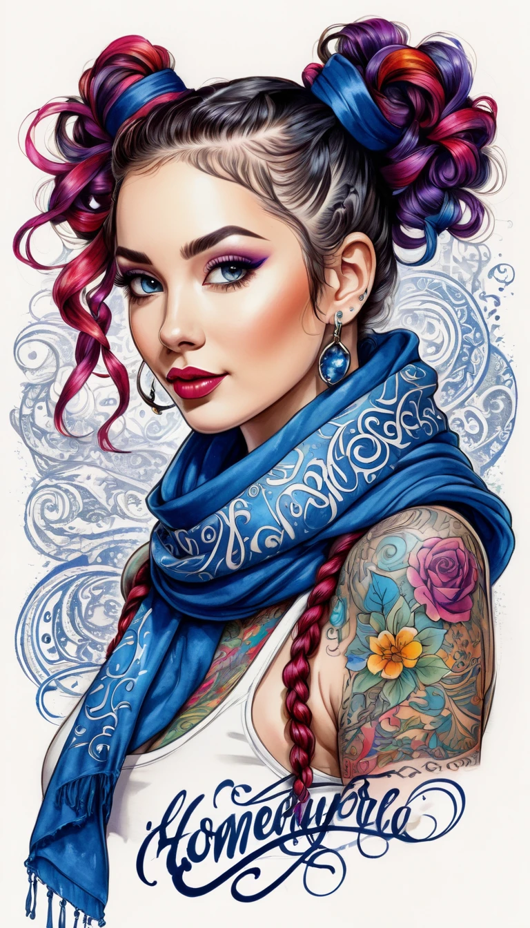 Over Detailed Calligraphic Ink Lettering, Portrait Of Cutie lustful lady in homewear outfit, scarf, Sapphire-curls pigtails different lengths, concept in a mixed Ink tattoo sketch technique with a colored and bright elements, lots of printed words and patterns, Calligraphy lettering in different colors, volume due to shadows.