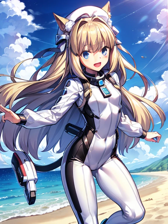 ((masterpiece))、highest quality、(Whole body wide angle)、Neo Universe(Umamusume)、1 girl, Neo Universe(Umamusume)、alone, chest, looking at the viewer, blush, smile, long hair, bangs, large chest, blonde long hair, long sleeve, blue eyes, headphone,beret,:d, body suit, bSpace, white body suit, blue sky,Ocean,summer,Wind:1.3,, Space Suit Break 