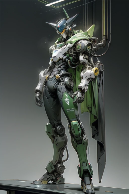 In the world of oscuro_Fancy and cyberpunk, a single man stands before a mechanical wonder, his green uniform contrasting against the simple background. With a 1.1 pistola in hand, he is the guardian of cybernetics, a sentinel of advanced technology. The robot's presence is imposing, as the mechanical being exudes an air of power and authority. Its intricate design is displayed in stunning 8K detail, every bolt, every wire, every gasket visible with a clarity that leaves one in awe. The guardian's cybernetic enhancements are the epitome of advanced technology, each part perfectly synced with the man inside. The robot's lim