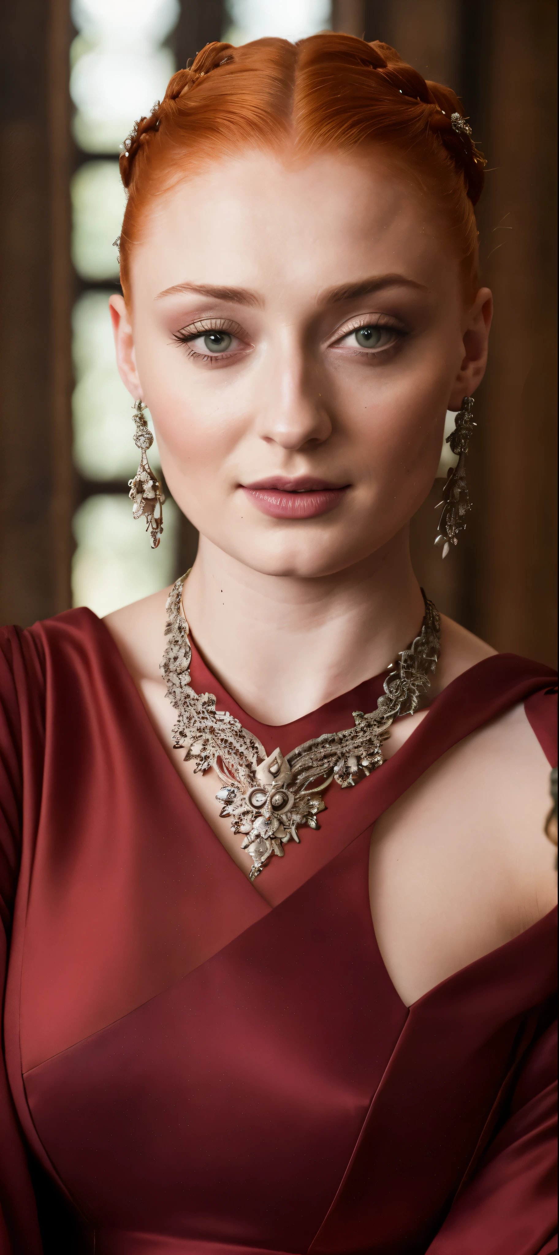 Face of Sophie Turner, Sansa Stark played by Sophie Turner, the de facto Lady of the Eyrie, is a 40-year-old mature queen with a stunning, alluring appearance. Full Face, pierced eyes, reddish lips, upper body shot, erotic Mediaeval costumes, game of thrones costumes, She wears a Game of Thrones-inspired costume and has a deep cleavage, a perfect thick body, and a perfect thick figure. The photograph captures her in a close-up, with her skin texture and facial features being ultra-realistic and realistic.