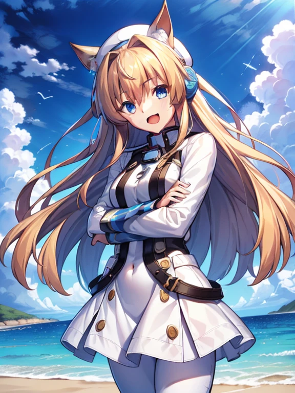 ((masterpiece))、highest quality、(Whole body wide angle)、Neo Universe(Umamusume)、1 girl, Neo Universe(Umamusume)、alone, chest, looking at the viewer, blush, smile, long hair, bangs, large chest, blonde long hair, long sleeve, blue eyes, headphone,beret,:d, body suit, bSpace, white body suit, blue sky,Ocean,summer,Wind:1.3,, Space Suit Break