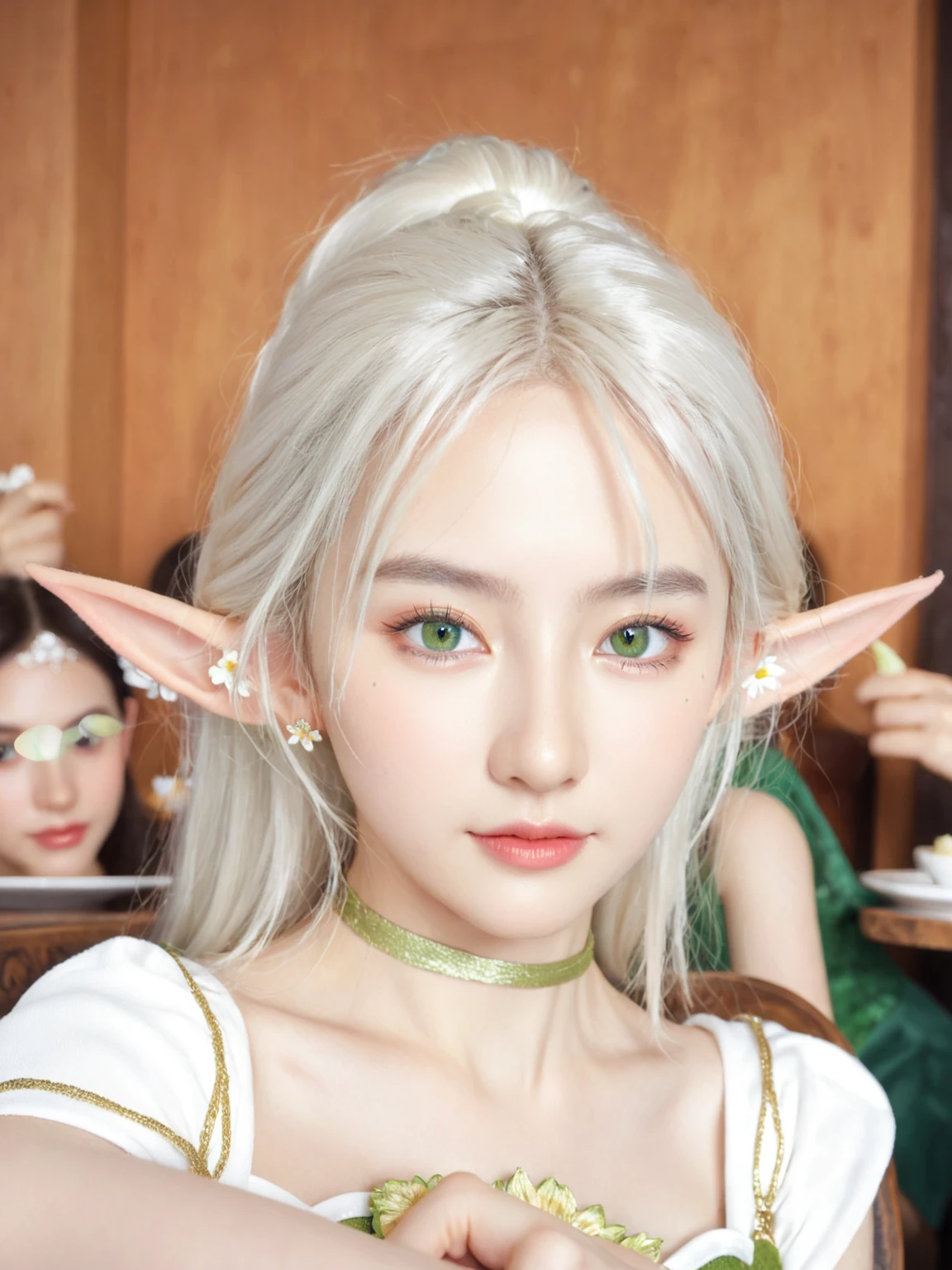Cute girl with long hair and green eyes in a restaurant, she has elf ears and gold eyes,  visual of a young woman, elven character with smirk, elf girl, a portrait of an elf, a middle aged elf, pretty visual of a cute girl, portrait of an elf, elf princess, elf girl wearing an flower suit, realistic, hd realistic 