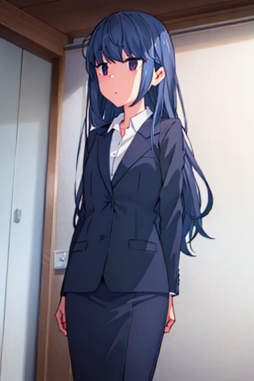 1girl, rin shima, suit, office lady, black skirt, black blazer, pencil skirt, white shirt, collared shirt, long hair, teenager, looking at viewer, full body, sad face