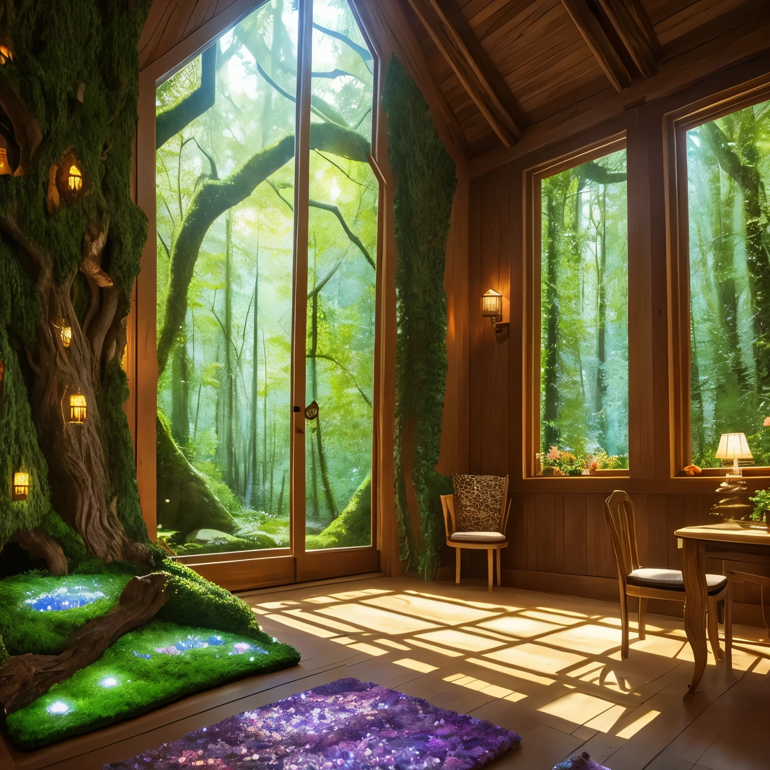 Inside the fairy house, in a fantasy space with dreams, there is a bright and warm living room. The walls are made of wood and leaves, creating a natural and organic atmosphere. The room is gently illuminated by dancing particles of light, giving it a magical glow. A carpet of large petals, in harmony with the soft floral scent, covers the floor, providing a cozy place to relax. The walls are decorated with sparkling crystals, adding a touch of elegance and enchantment. Fantastic paintings adorn the room, depicting whimsical scenes and creatures, creating a sense of wonder and awe. Through a small window, one can glimpse the breathtaking scenery of the magical forest, allowing natural light to fill the living room.

Moving to the kitchen area, one will