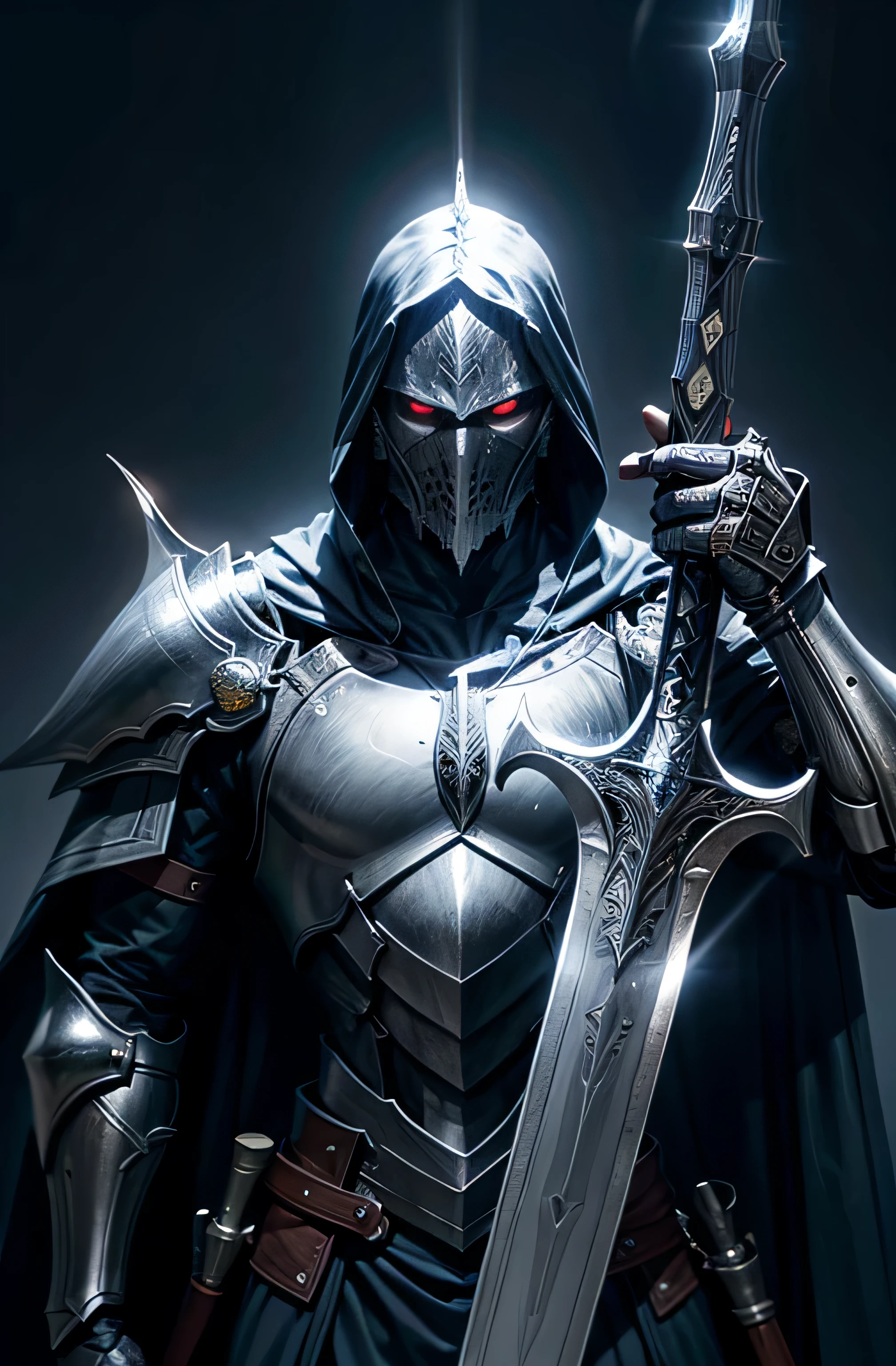 Dark_Fantasy,vegapunk,(knight warrior ),1man,huge elegan armor plate, large black cape,handsome, giant big sword, giant sword on the back,short hair,big cape,medieval presence, knight guardian, big greatsword, huge greatsword, ultra realistic, dark background, 8k wallpaper 