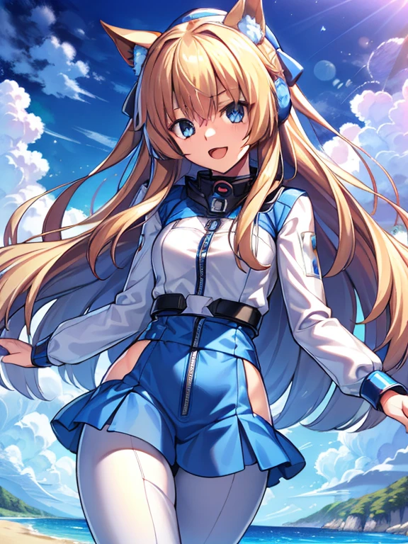 ((masterpiece))、highest quality、(Whole body wide angle)、Neo Universe(Umamusume)、1 girl, Neo Universe(Umamusume)、alone, chest, looking at the viewer, blush, smile, long hair, bangs, large chest, blonde long hair, long sleeve, blue eyes, headphone,beret,:d, body suit, bSpace, white body suit, blue sky,Ocean,summer,Wind:1.3,, Space Suit Break