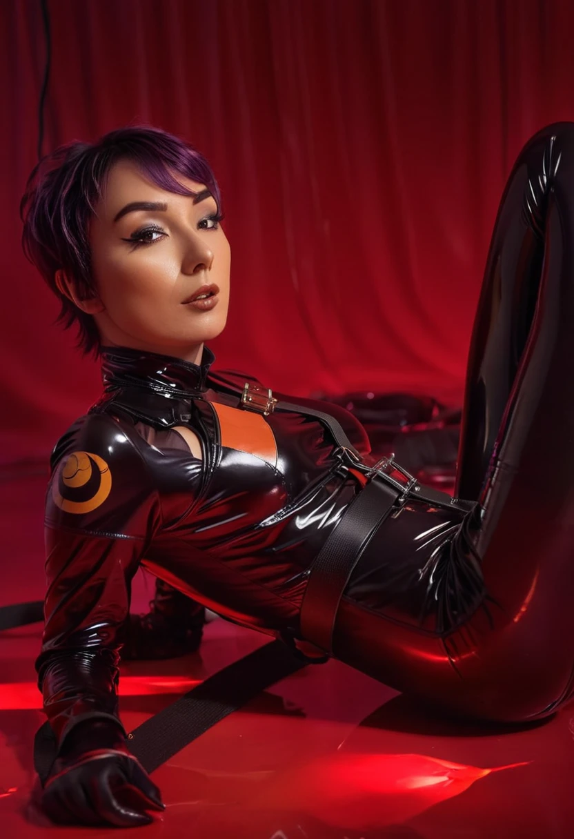 Portrait of one beautiful sabine wren wearing a skimpy outfit, (cute face dutch lara), lying in tight latex catsuit,((bondage harness, seamless Latex)) seamless suit, dynamic pose, masterpiece,(background: Fetish ,red lights), perfect face, style: shiniez