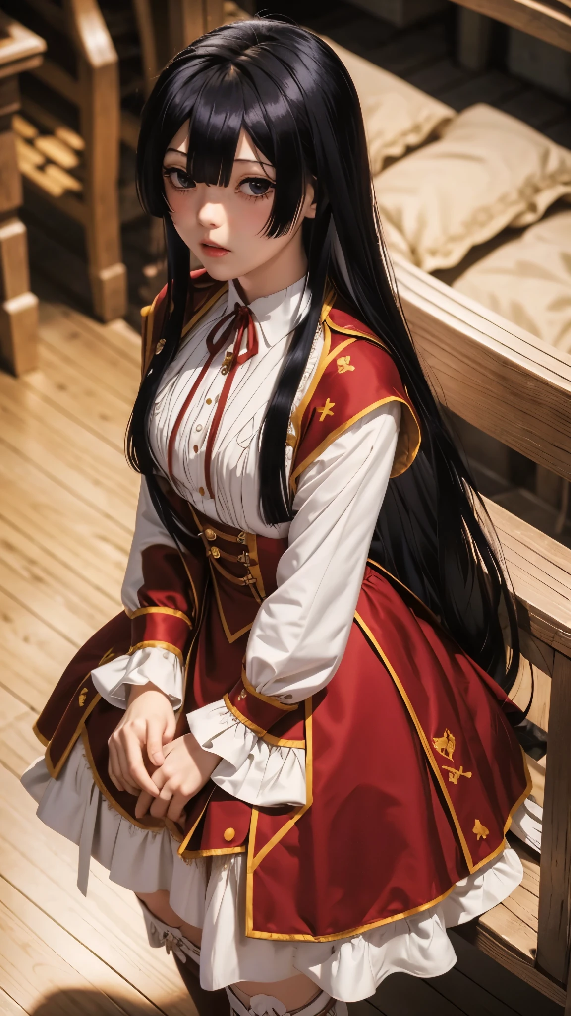 Yumiella Dolkness, eumi, 1girl, solo, long hair, blunt bangs,bangs, black hair, black eyes, looking at viewer,
shirt, long sleeves, ribbon, closed mouth, , white shirt, pleated skirt, frills, puffy sleeves, brown skirt, black thighhighs, red ribbon, neck ribbon, expressionless,