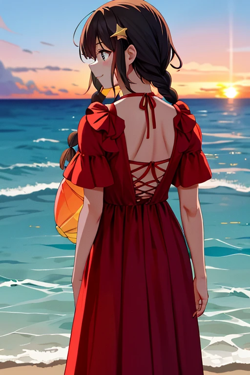 1 chica, solo, sonrisa, playa, (atardecer: 1.1), akagi_also (proyecto-denchi), solo,
Star hairpin adornment, twin braids, gleaming, from behind, looking back, massive sunset, floating red dress, uniform, night, wave, mar.

This image depicts a solitary young woman, dressed in a red uniform, enjoying the beauty of a late sunset at the beach. Her hair is adorned with a star hairpin, and she has twin braids that shine in the fading sunlight. She is looking back over her shoulder, taking in the breathtaking sight of the huge sun