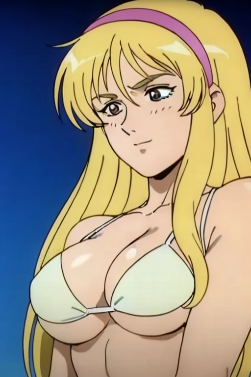 (masterpiece, best quality, high resolution, 2D, anime cels, megami magazine, 8K, Official art, sharp line), katejina loos, 1girl, light smile, blush, blonde long hair, headband, (large breasts:1.2), (white bikini), (upper body, standing), (perfect detailed anatomy, beautiful detailed eyes, beautiful detailed face, perfect body, shiny skin), simple background, 