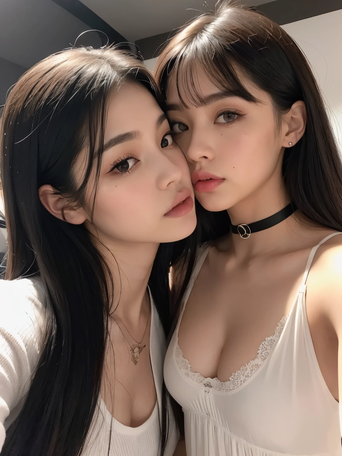 Kim Jennie con el cabello negro oscuro, con rulos en las puntas del cabello negro oscuro, con un ganchito de estrella en el cabello negro oscuro, ojos de color claro, ojos bonitos, ojos llorosos, nariz bonita y respingada, labios bonitos, labios rosas, heart and cupid shaped lip, piel bonita, pale, piel blanca, con lunares y pecas en todo el rostro, rubor rosa suave en las mejilla, rubor rosa natural, dark and gothic makeup, Jennie gotica, mientras ella esta con un chico lindo a su lado, with a cute asian boy standing next to her, mientras hay un torso de hombre, mientras el hombre'His hand is on his jaw.., manos bonitas de hombre, with a gothic boy, cuellos bonito, cuello marcado, frown, mirada enojada, con un collar de beso, un collar bonito de beso, mientras sus pezones son notorios (pechos grandes, pechos suaves, pechos bonitos, pechos naturales), con un vestido blanco, vestido corto y transparente, visible on the nipple, con un chico a su lado, con su novio, mirando a la camara, autofoto