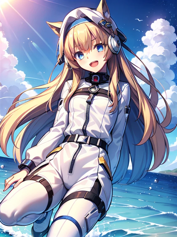 ((masterpiece))、highest quality、(Whole body wide angle)、Neo Universe(Umamusume)、1 girl, Neo Universe(Umamusume)、alone, chest, looking at the viewer, blush, smile, long hair, bangs, large chest, blonde long hair, long sleeve, blue eyes, headphone,beret,:d, body suit, bSpace, white body suit, blue sky,Ocean,summer,Wind:1.3,, Space Suit Break