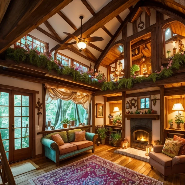 Inside the fairy house, nestled in a fantasy space filled with dreams, lies a quaint living room. The half-story fair house features a blend of wooden and leaf structures, bathed in a warm and inviting atmosphere. Gentle particles of light dance around the room, creating an enchanting glow.

The living area boasts a plush carpet of large, harmoniously placed petals that match the soft, sweet fragrance wafting through the room. It's a cozy area where one can unwind and relax. The walls are adorned with twinkling crystals and fantastic paintings, adding to the magical atmosphere that fills the room. A small, charming window offers a breat