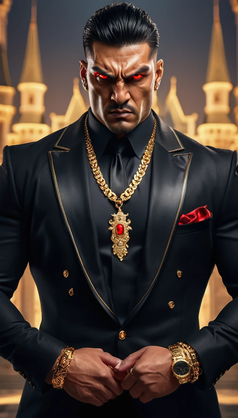 realistic (muscular man: 1.1) mafia boss, red glowing eyes, angry expression face, wearing an elaborate elegant black suite, portrait, short hair, jewelry wearing gold bracelets and gold chain necklace, in the castle, spot lighting, detailed background, detail intricate, (illustration), masterpiece, high resolution, best quality.