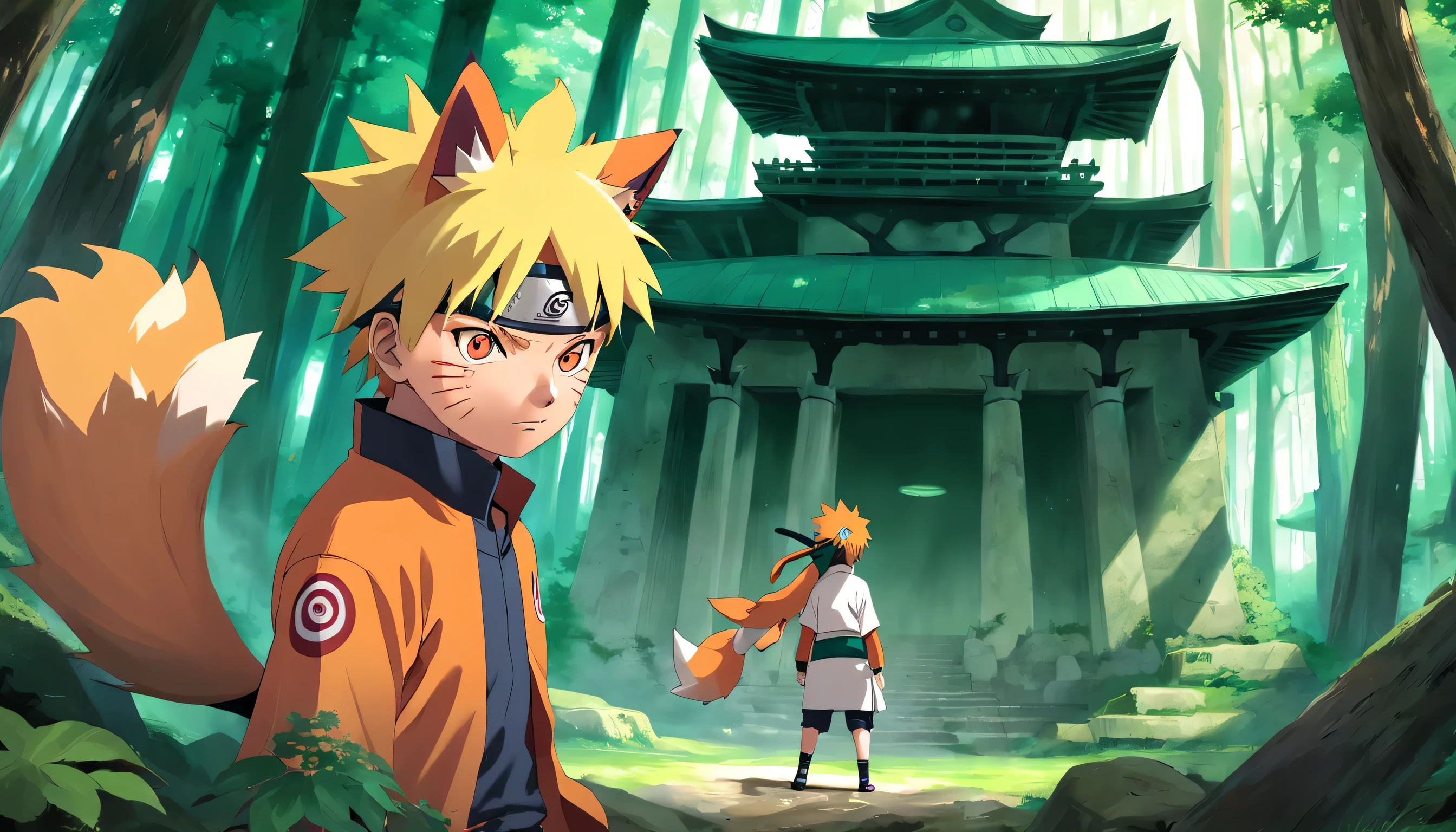 "Naruto Uzumaki entrenando con Kurama, el zorro de nueve colas, en medio de encantadoras ruinas antiguas enclavadas en un vibrante y verde bosque esmeralda."