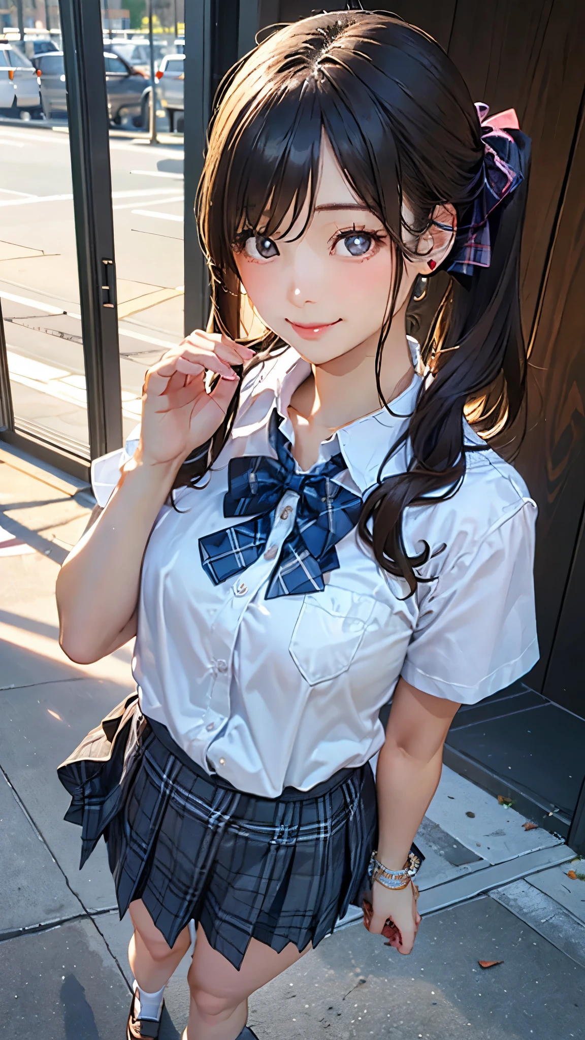(masterpiece:1.2, top-quality), (realistic, photorealistic:1.4), beautiful illustration, (natural side lighting, movie lighting),
looking at viewer, full body, front view:0.6, 1 girl, japanese, high school girl, perfect face, cute and symmetrical face, suntan, shiny skin,
(long hair:1.5, side ponytail:1.4, brown hair), hair over one eye:1.4, maroon eyes, long eye lasher, (large breasts:0.6),
beautiful hair, beautiful face, beautiful detailed eyes, beautiful clavicle, beautiful body, beautiful chest, beautiful thigh, beautiful legs, beautiful fingers,
((collared short sleeve shirt, white shirt, , grey plaid pleated skirt, blue plaid bow tie), wrist chakra),
(beautiful scenery), amusement park, go-round, ferris wheel, (walking, skirt hold), (lovely smile, upper eyes),