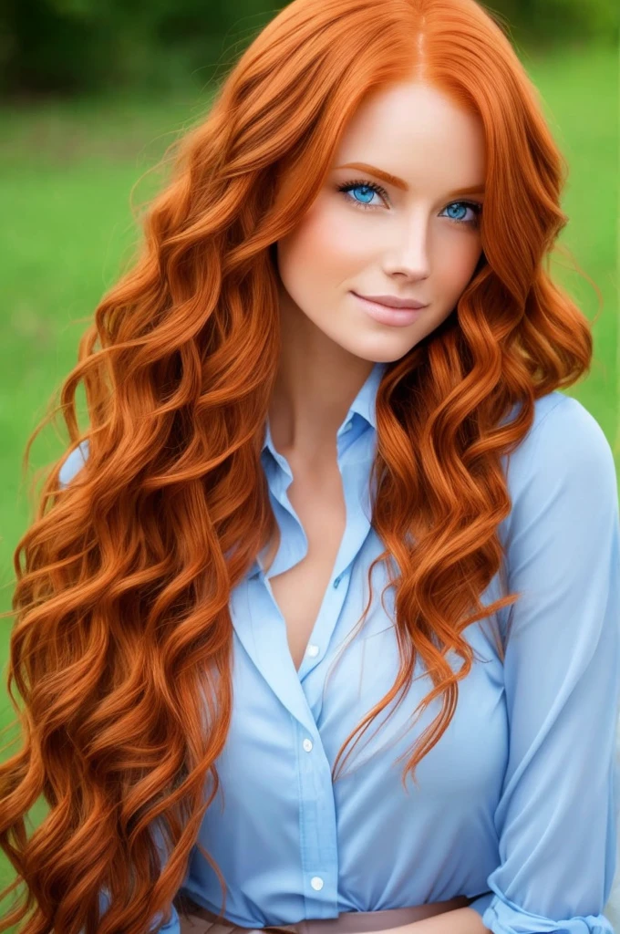A beautiful woman with strawberry blonde hair and blue eyes