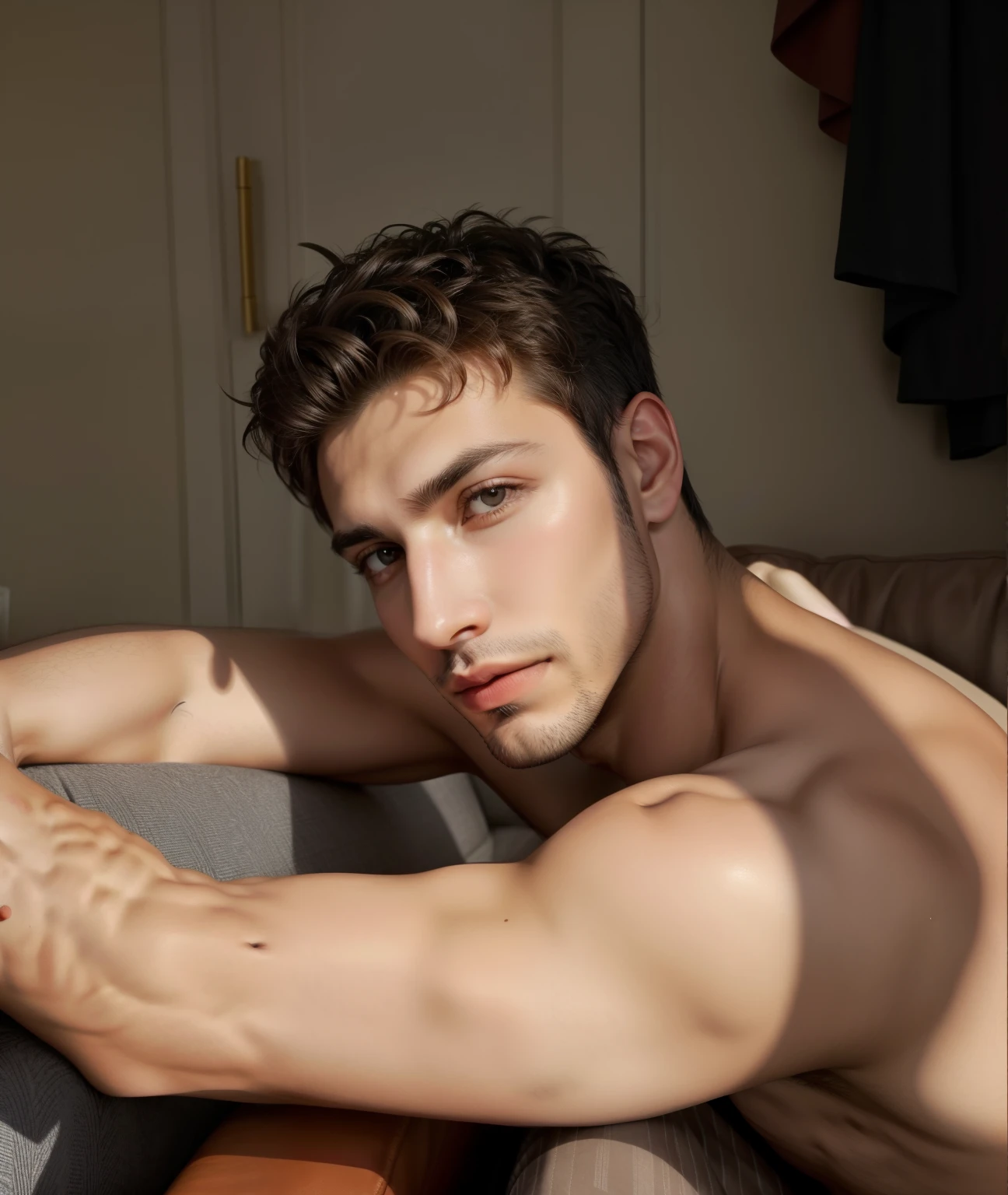 There is a man who is sitting on a sofa with his arm across his chest, plano medio de un guapo, enes dirig, hombre delgado con piel bronceada clara, cara y cuerpo atractivos, sexy look at the camera, hombre atractivo, Aykut Aydogdu, artem, Adrien Girod, por Alexis Grimou, hombre guapo, hermoso rostro