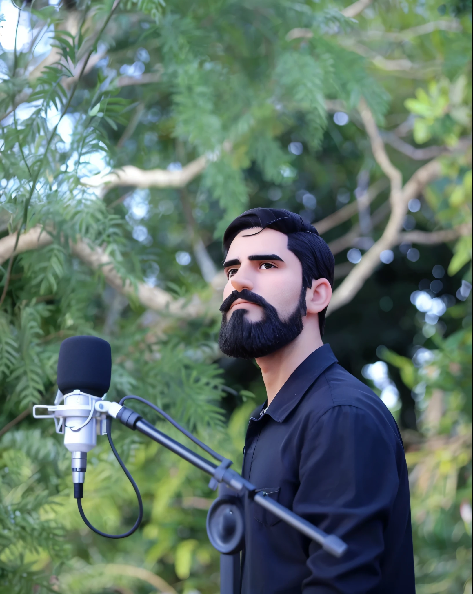 homem branco, cabelo preto, barba, camisa preta, microfone no pedestal