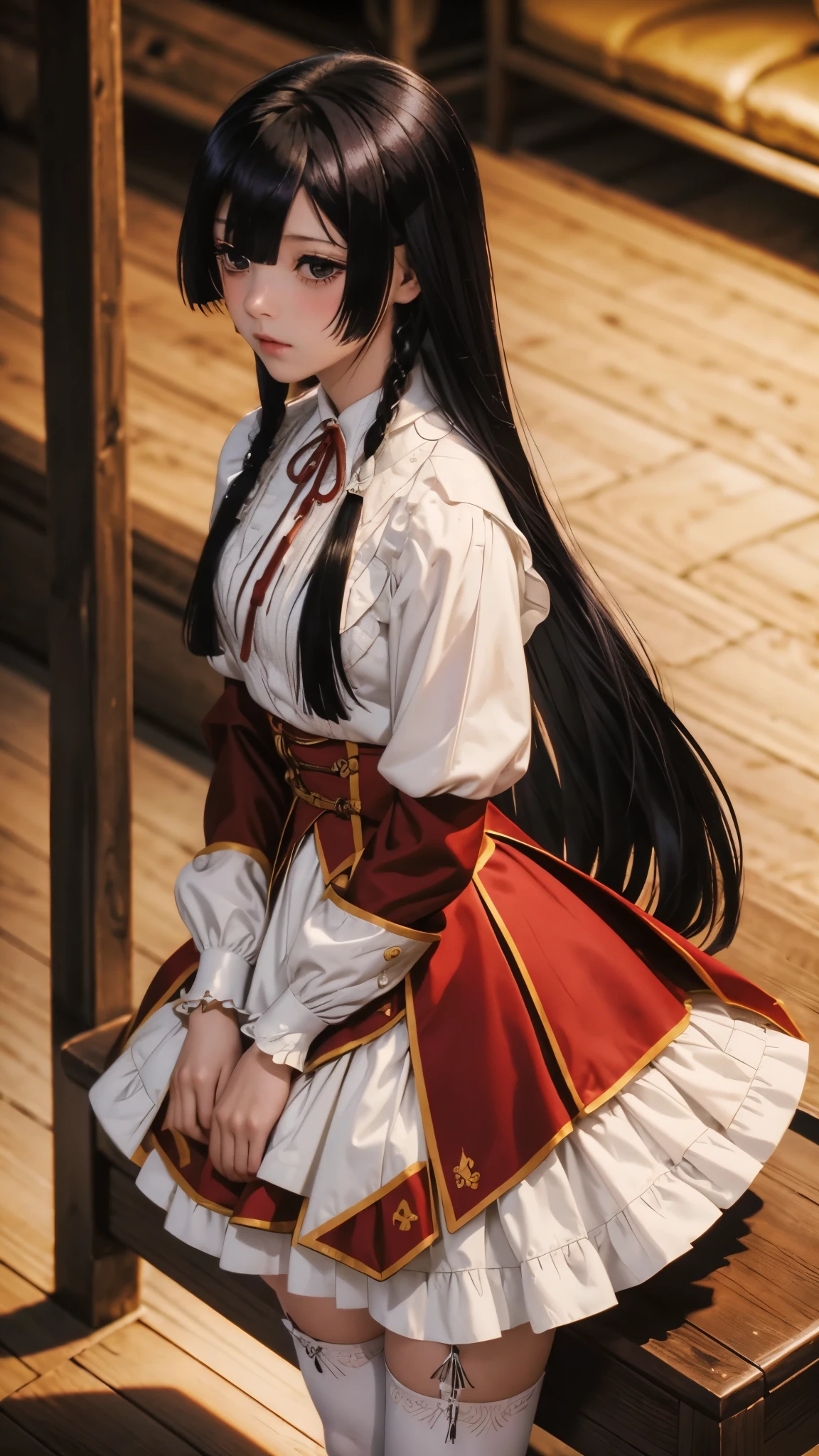 Yumiella Dolkness, eumi, 1girl, solo, long hair, blunt bangs,bangs, black hair, black eyes, looking at viewer,
shirt, long sleeves, ribbon, closed mouth, , white shirt, pleated skirt, frills, puffy sleeves, brown skirt, black thighhighs, red ribbon, neck ribbon, expressionless,