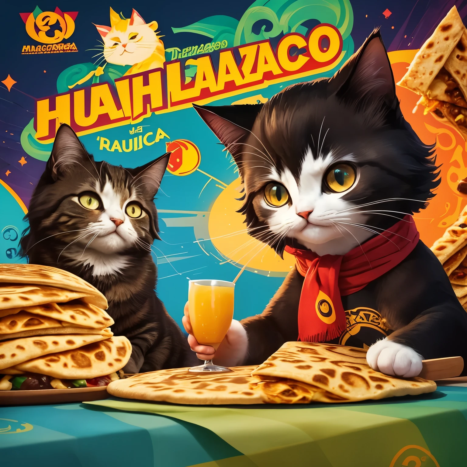 Create an eye-catching modern design for the business "EL HUARACHAZO DE LA 14". The logo features a magical cat enjoying a delicious quesadilla as the background. The slogan "MAGICAL FLAVOR IN EVERY BITE" emphasizes the unique and enchanting taste of the food.