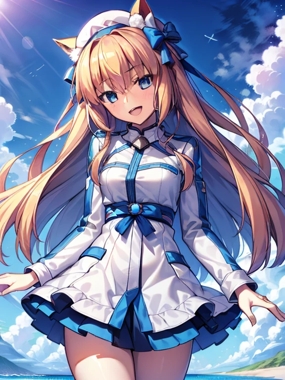((masterpiece))、highest quality、(Whole body wide angle)、Neo Universe(Umamusume)、1 girl, Neo Universe(Umamusume)、alone, chest, looking at the viewer, blush, smile, long hair, bangs, large chest, blonde long hair, long sleeve, blue eyes, headphone,beret,:d, body suit, bSpace, white body suit, blue sky,Ocean,summer,Wind:1.3,, Space Suit Break