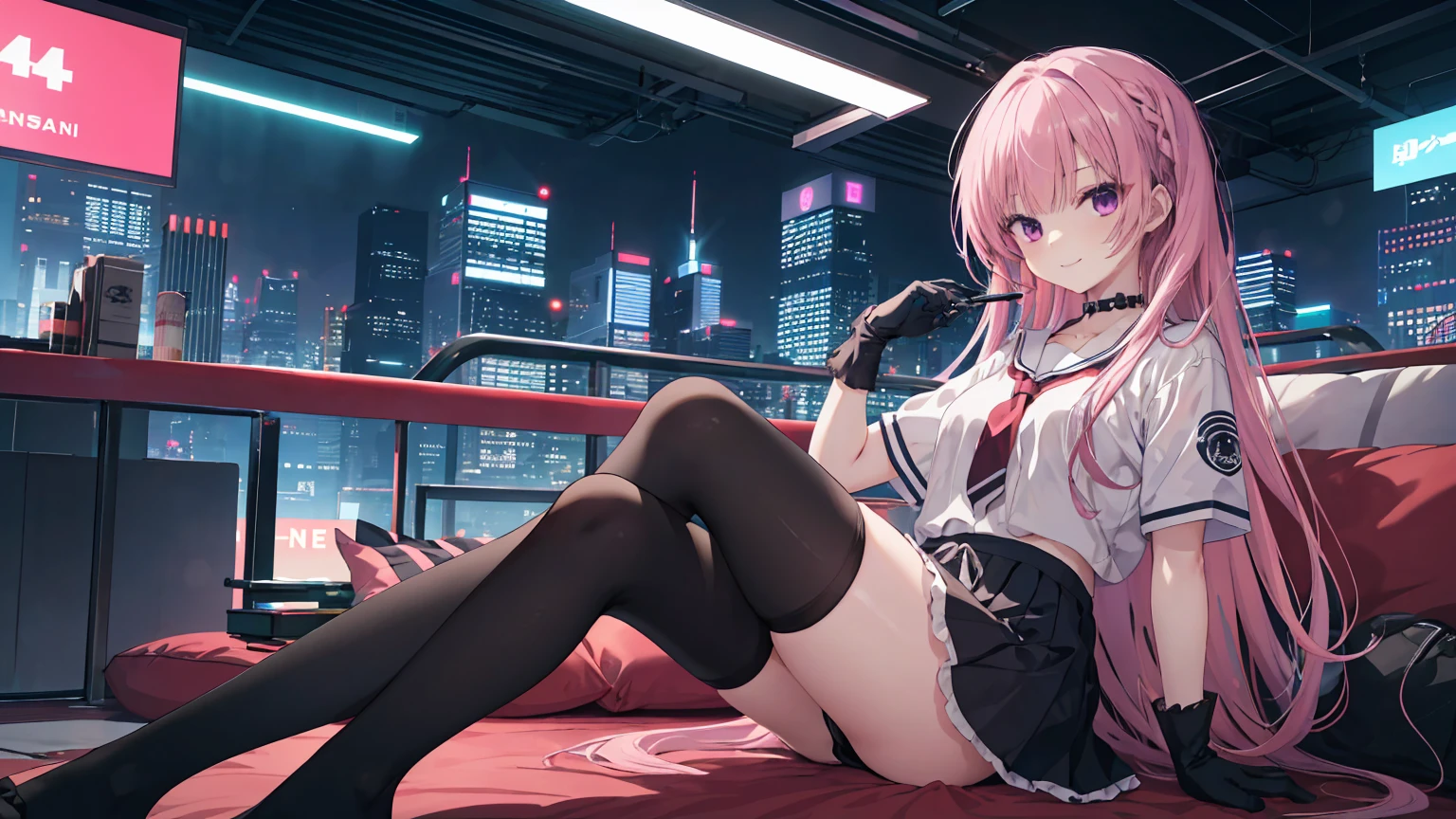 a girl,solo,Long pink hair,gentle,Smile,medium long hair,Distribute,White short sleeves,White short sleeves游戏服,black skirt,black underwear,black gloves,cyberpunk characters,night, night city background,digital punk, anime style 4k, Sitting on the sofa,indoors,in the bedroom,((black high-socks)),mitsukasa ayase、character-centered