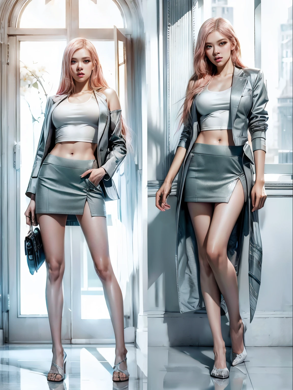 10x pixel,Ultra-fine details:1.1,Advanced technical details:1.1Photographically realistic,Indoor lighting effects:1.5,Natural light:1.5. light effect(Virtual Light Effects:1.8),超A high resolution,Dynamic posing,Arrange pose,pink hair, Ultra high definition, Ultra realistic, Highly detailed,8K HD CG works,High-quality graphics,High-definition fine CG works,超A high resolution, better face, green casual suit with mini skirt, empty background