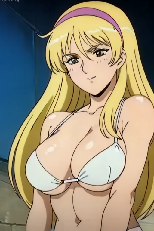 (masterpiece, best quality, high resolution, 2D, anime cels, megami magazine, 8K, Official art, sharp line), katejina loos, 1girl, light smile, blush, blonde long hair, headband, (huge breasts:1.2), (white bikini), (upper body, standing), (perfect detailed anatomy, beautiful detailed eyes, beautiful detailed face, perfect body, shiny skin), simple background, 