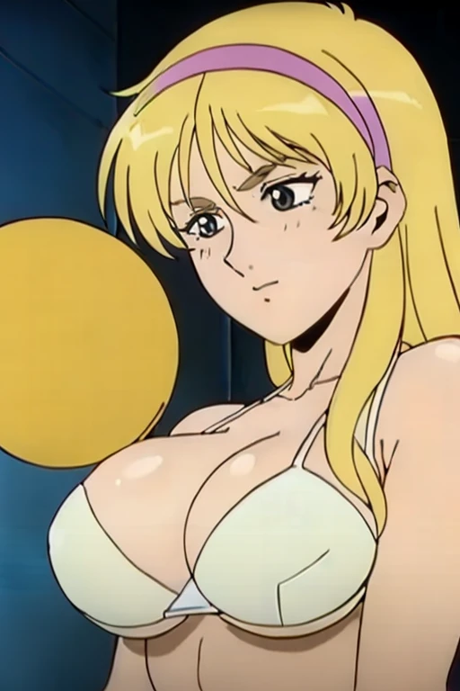 (masterpiece, best quality, high resolution, 2D, anime cels, megami magazine, 8K, Official art, sharp line), katejina loos, 1girl, light smile, blush, blonde long hair, headband, (huge breasts:1.2), (white bikini), (upper body, standing), (perfect detailed anatomy, beautiful detailed eyes, beautiful detailed face, perfect body, shiny skin), simple background, 