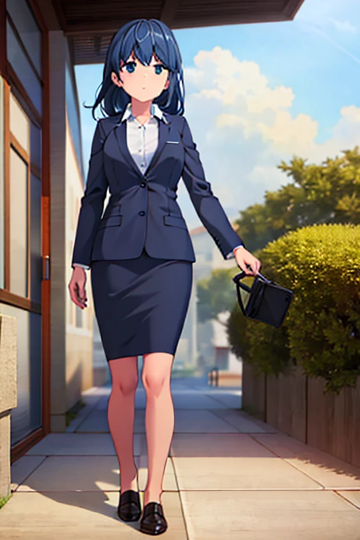 1girl, rin shima, suit, office lady, black skirt, black blazer, pencil skirt, white shirt, collared shirt, long hair, teenager, looking at viewer, full body, sad face