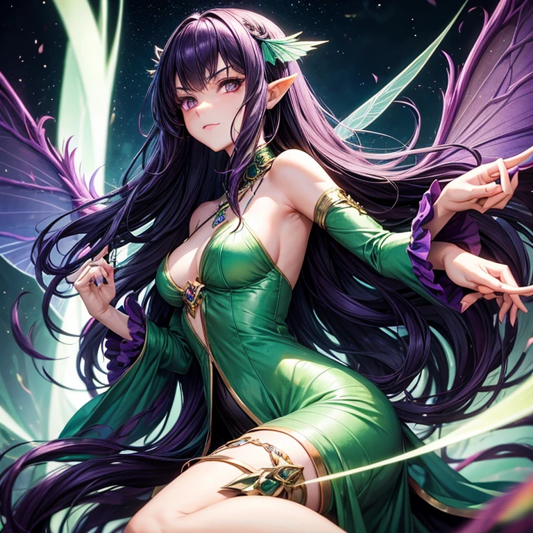 25 year old fairy woman. Long dark purple hair, black eyes, serious look. She wears a green dress and her wings are light purple.