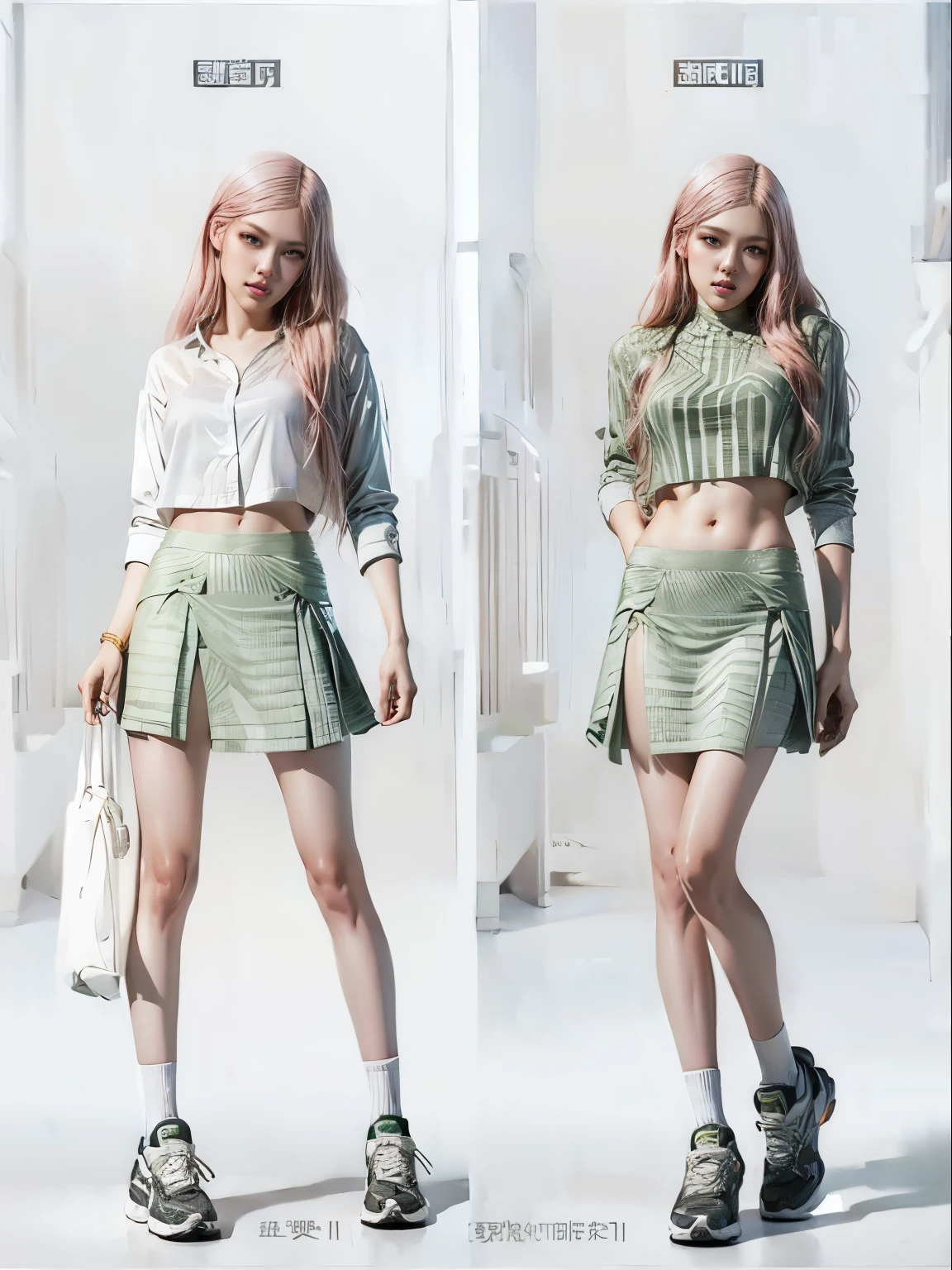 10x pixel,Ultra-fine details:1.1,Advanced technical details:1.1Photographically realistic,Indoor lighting effects:1.5,Natural light:1.5. light effect(Virtual Light Effects:1.8),超A high resolution,Dynamic posing,Arrange pose,pink hair, Ultra high definition, Ultra realistic, Highly detailed,8K HD CG works,High-quality graphics,High-definition fine CG works,超A high resolution, better face, green casual suit with mini skirt, empty background